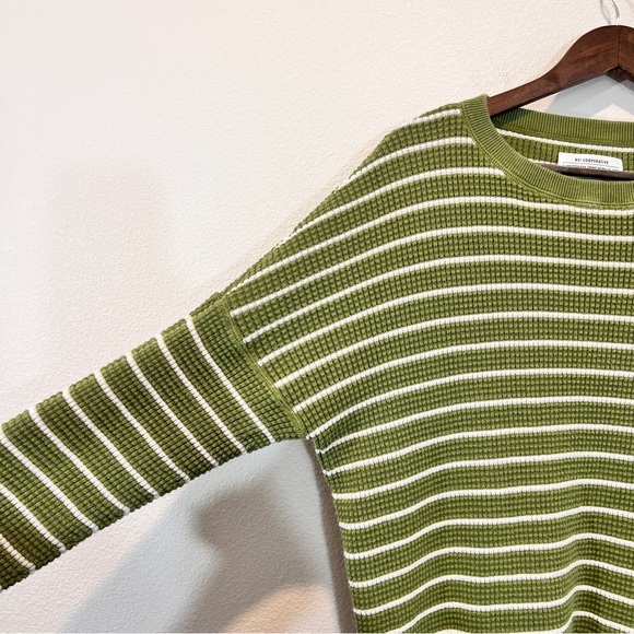 REI Co-op Green White Striped Cotton Crewneck Sweater XL Waffle Knit - Picture 4 of 10